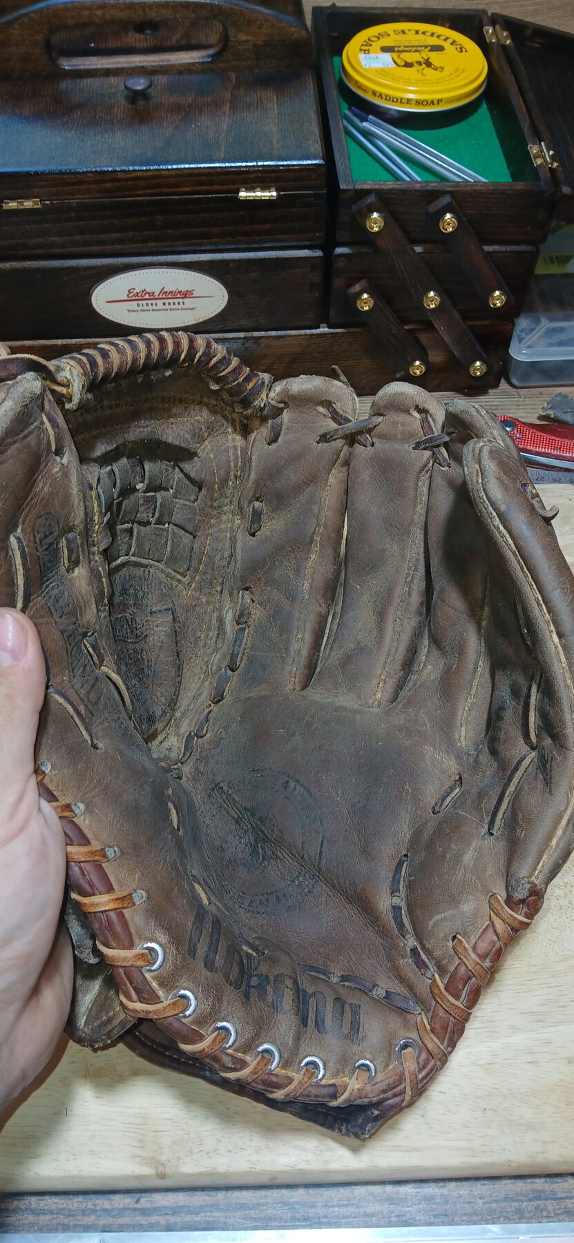 Nokona AMG 700 softball glove before restoration