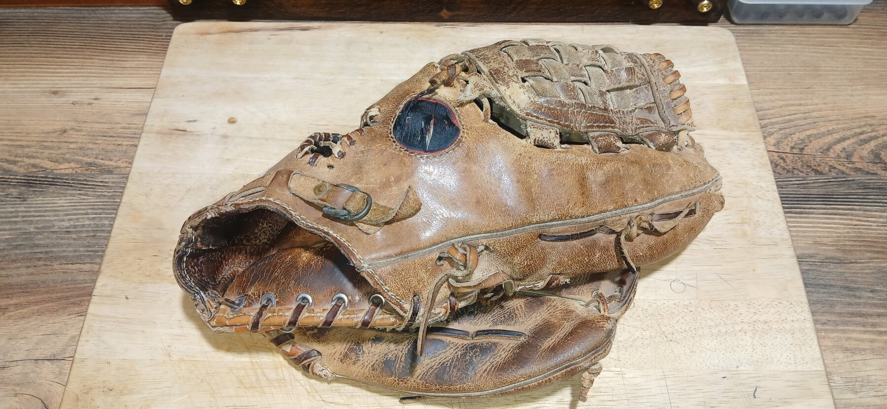 Rawlings RBG softball glove before restoration, exterior view