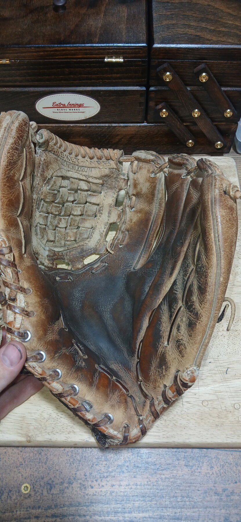 Rawlings RBG softball glove pocket before restoration