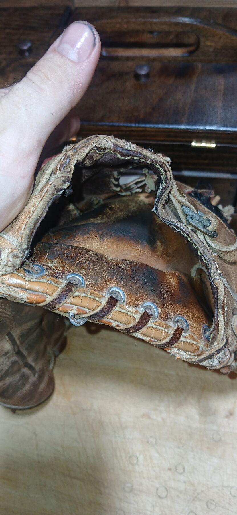 Rawlings RBG softball glove damage detail before restoration