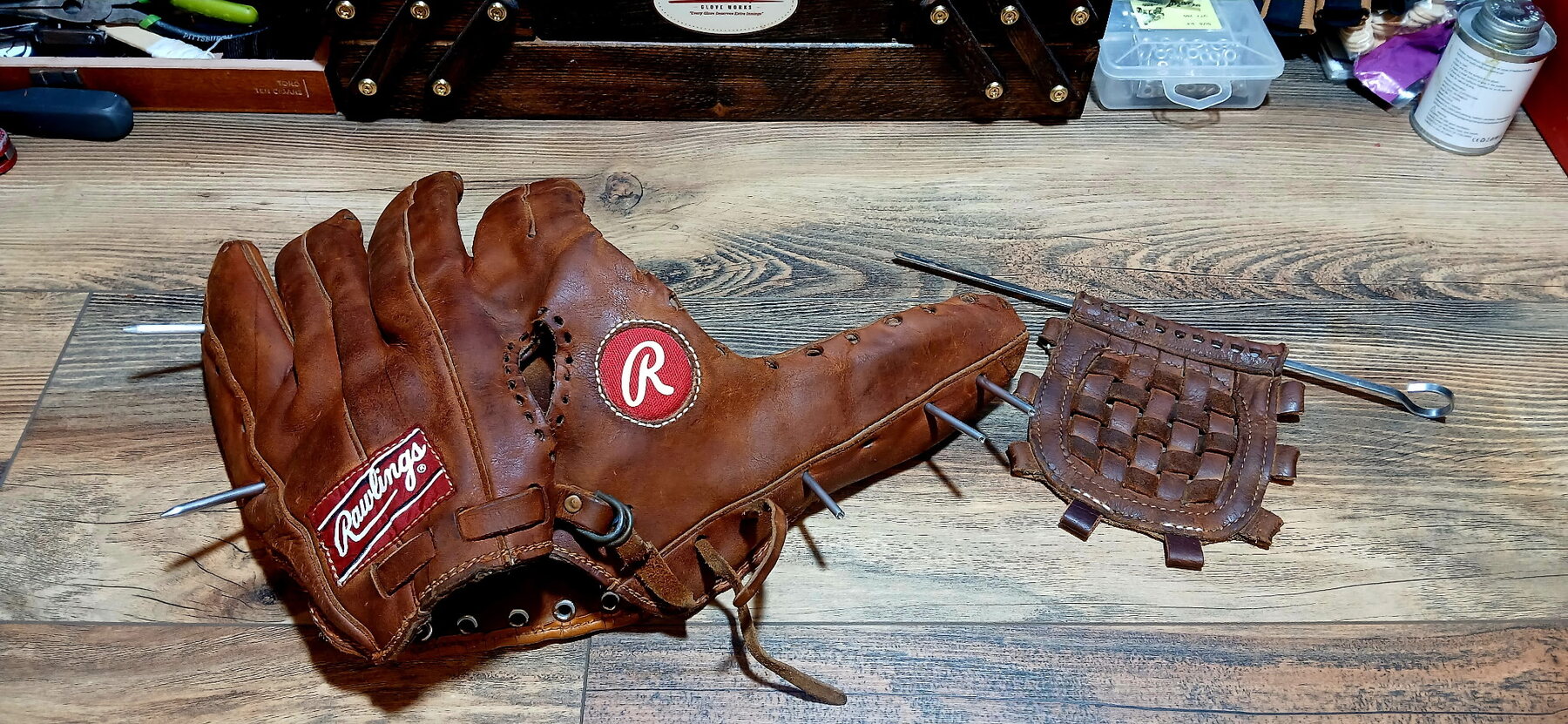 Rawlings RBG softball glove leather during restoration